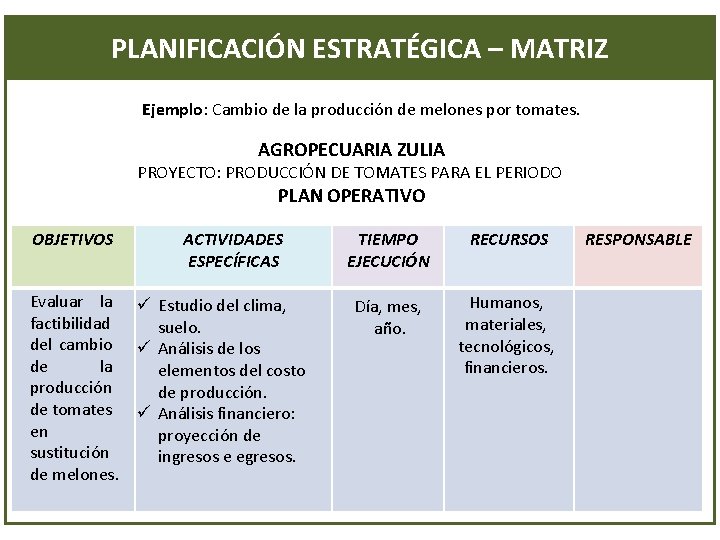 PLANIFICACIÓN ESTRATÉGICA – MATRIZ Ejemplo: Cambio de la producción de melones por tomates. AGROPECUARIA