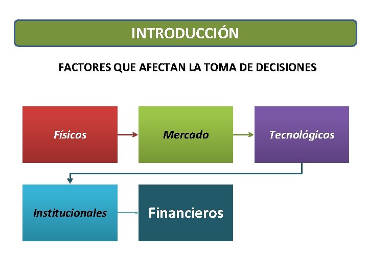 INTRODUCCIÓN FACTORES QUE AFECTAN LA TOMA DE DECISIONES Físicos Mercado Institucionales Financieros Tecnológicos 