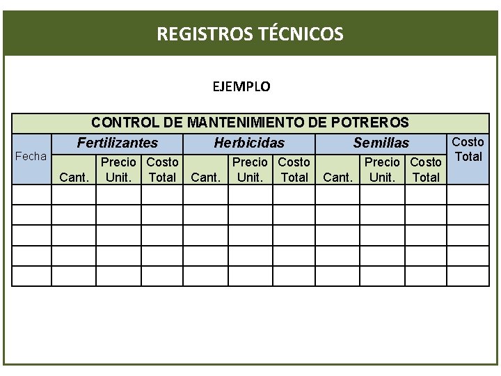 REGISTROS TÉCNICOS EJEMPLO CONTROL DE MANTENIMIENTO DE POTREROS Fertilizantes Herbicidas Semillas Costo Fecha Precio