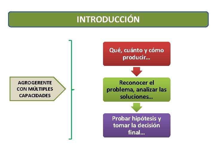 INTRODUCCIÓN Qué, cuánto y cómo producir… AGROGERENTE CON MÚLTIPLES CAPACIDADES Reconocer el problema, analizar