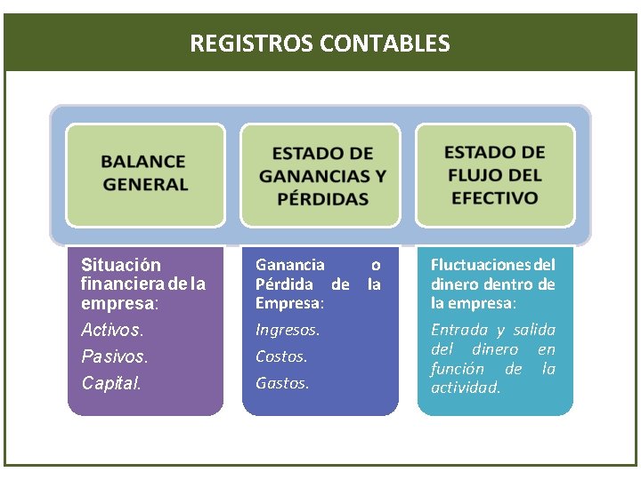 REGISTROS CONTABLES Situación financiera de la empresa: Activos. Pasivos. Capital. Ganancia Pérdida de Empresa: