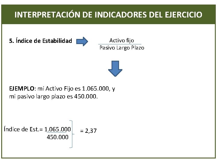 INTERPRETACIÓN DE INDICADORES DEL EJERCICIO 5. Índice de Estabilidad Activo fijo Pasivo Largo Plazo