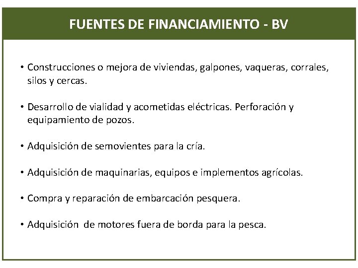 FUENTES DE FINANCIAMIENTO - BV • Construcciones o mejora de viviendas, galpones, vaqueras, corrales,