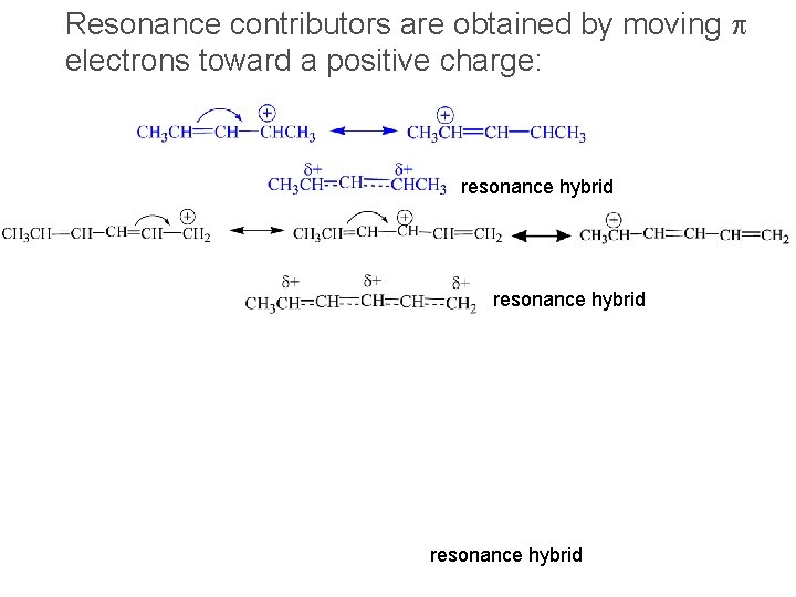 Resonance contributors are obtained by moving p electrons toward a positive charge: resonance hybrid