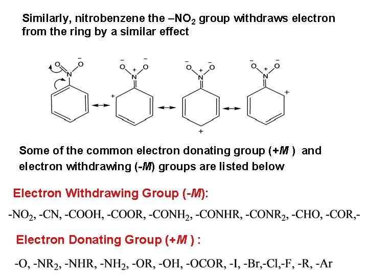 Similarly, nitrobenzene the –NO 2 group withdraws electron from the ring by a similar