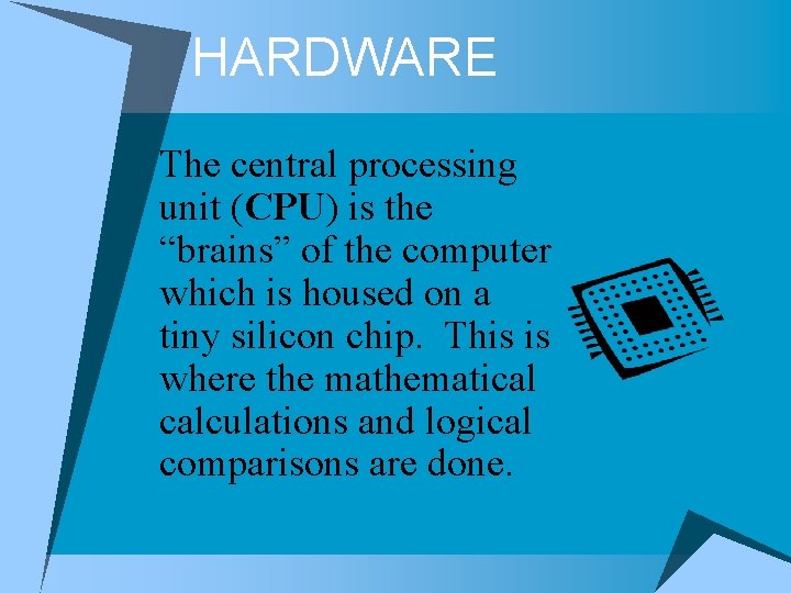 HARDWARE The central processing unit (CPU) is the “brains” of the computer which is