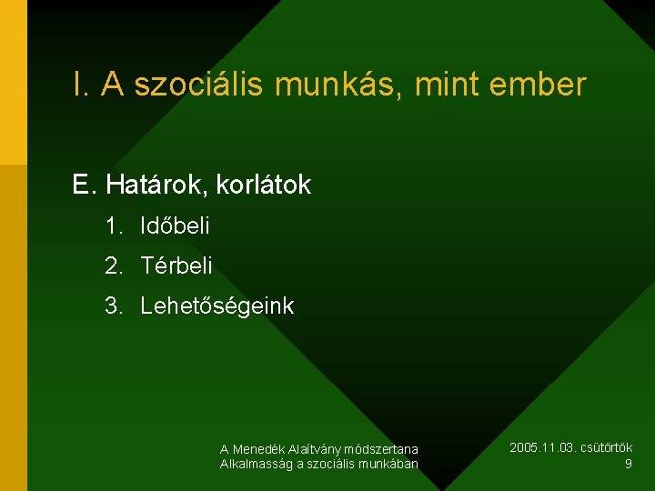 I. A szociális munkás, mint ember E. Határok, korlátok 1. Időbeli 2. Térbeli 3.
