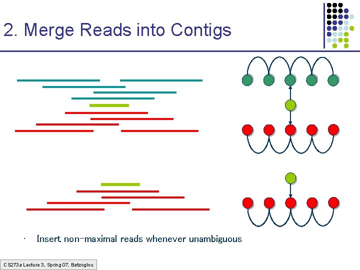 2. Merge Reads into Contigs • Insert non-maximal reads whenever unambiguous CS 273 a 2. Merge Reads into Contigs • Insert non-maximal reads whenever unambiguous CS 273 a