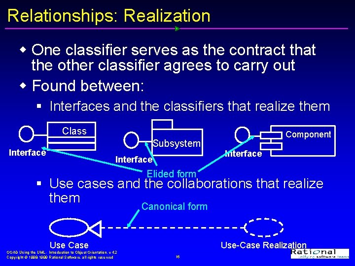 Relationships: Realization w One classifier serves as the contract that the other classifier agrees