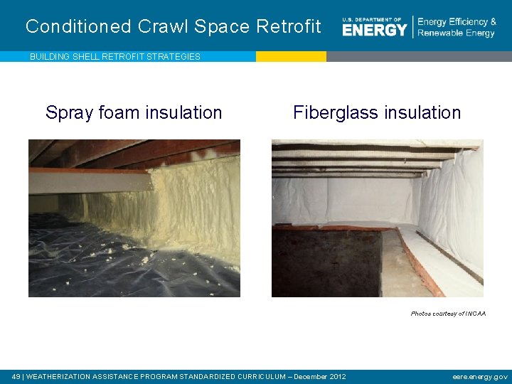 Conditioned Crawl Space Retrofit BUILDING SHELL RETROFIT STRATEGIES Spray foam insulation Fiberglass insulation INCAP