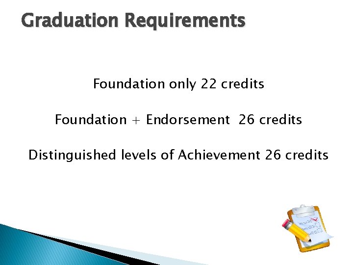 Graduation Requirements Foundation only 22 credits Foundation + Endorsement 26 credits Distinguished levels of