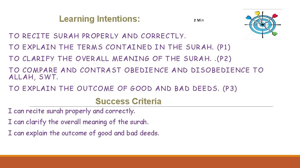 Learning Intentions: 2 Min TO RECITE SURAH PROPERLY AND CORRECTLY. TO EXPLAIN THE TERMS