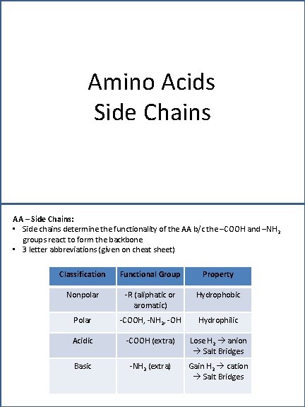 Amino Acids Side Chains AA – Side Chains: • Side chains determine the functionality
