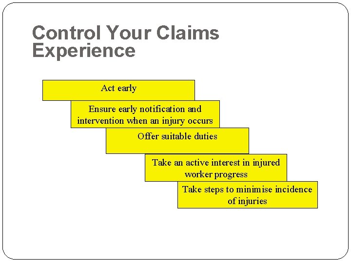 Control Your Claims Experience Act early Ensure early notification and intervention when an injury