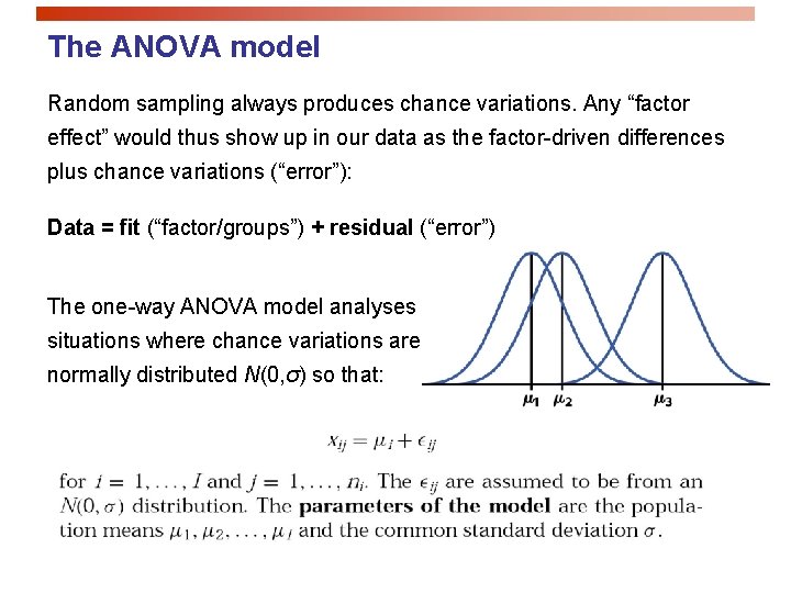 The ANOVA model Random sampling always produces chance variations. Any “factor effect” would thus