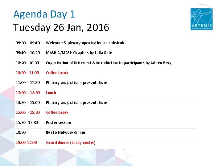 Agenda Day 1 Tuesday 26 Jan, 2016 09: 30 – 09: 40 Welcome &