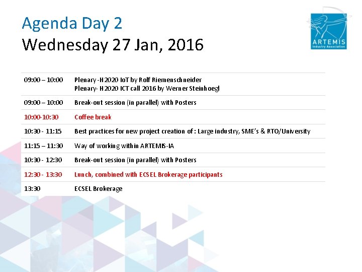 Agenda Day 2 Wednesday 27 Jan, 2016 09: 00 – 10: 00 Plenary -H