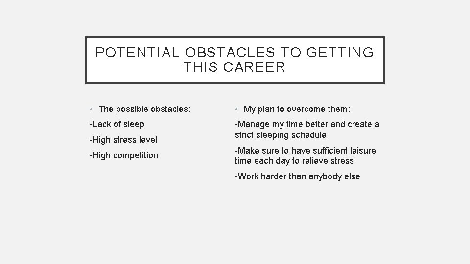 POTENTIAL OBSTACLES TO GETTING THIS CAREER • The possible obstacles: • My plan to