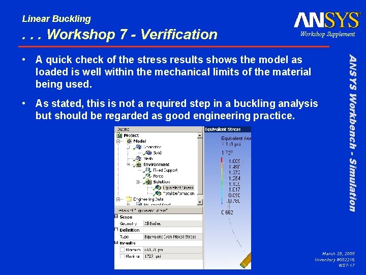 Linear Buckling . . . Workshop 7 - Verification Workshop Supplement • As stated,