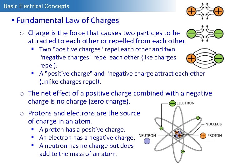 Basic Electrical Concepts • Fundamental Law of Charges o Charge is the force that