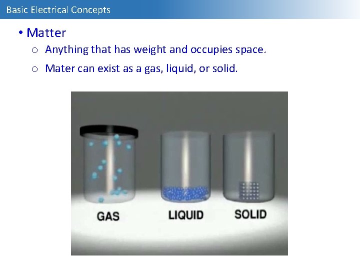 Basic Electrical Concepts • Matter o Anything that has weight and occupies space. o