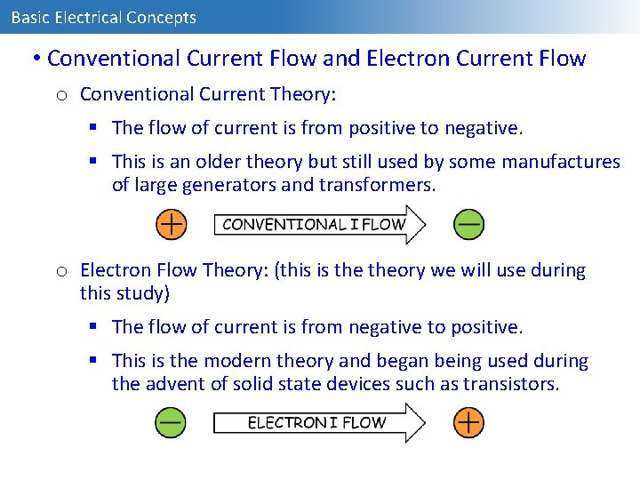 Basic Electrical Concepts • Conventional Current Flow and Electron Current Flow o Conventional Current