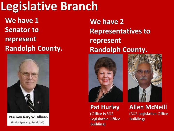 Legislative Branch We have 1 Senator to represent Randolph County. We have 2 Representatives