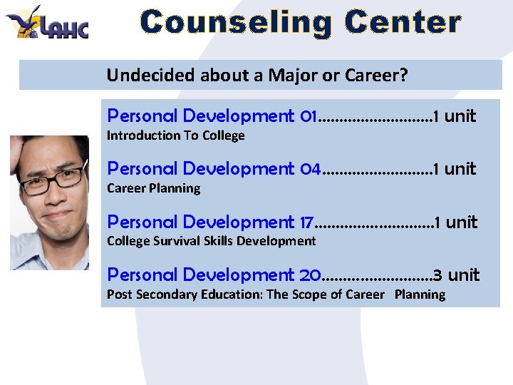 Counseling Center Undecided about a Major or Career? Personal Development 01…………… 1 unit Introduction