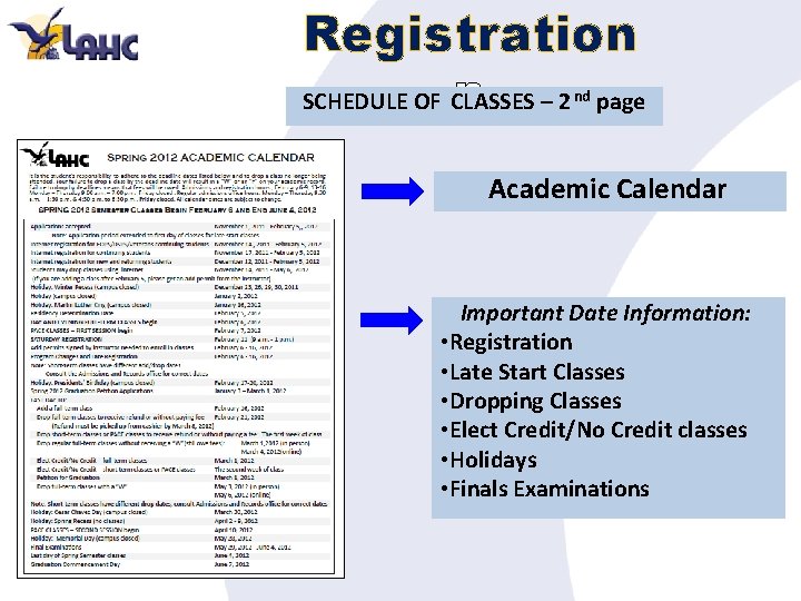 Registration n SCHEDULE OF CLASSES – 2 nd page Academic Calendar Important Date Information: