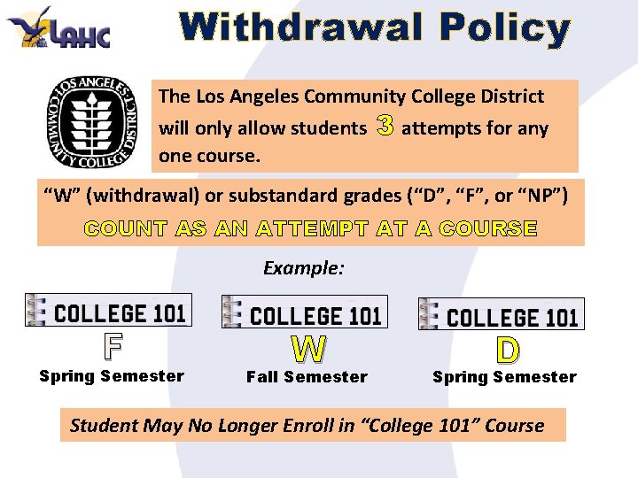 Withdrawal Policy The Los Angeles Community College District will only allow students one course.