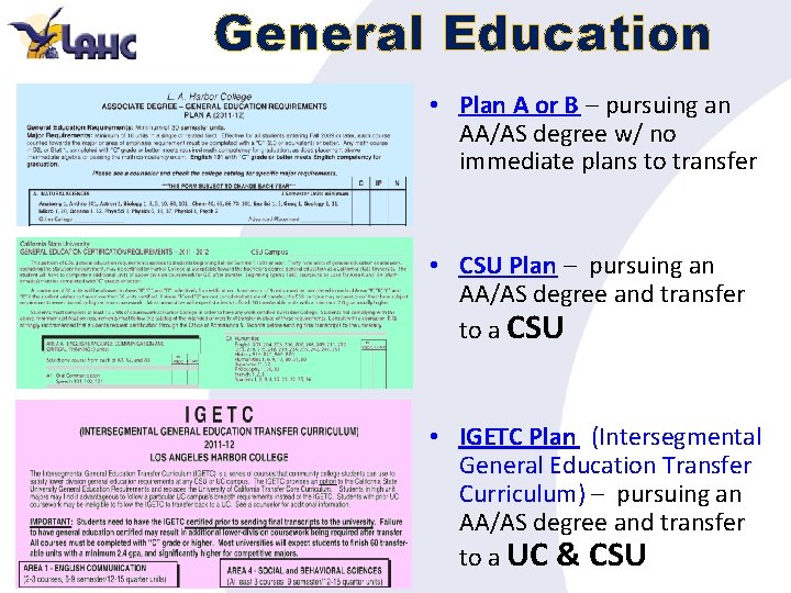 General Education • Plan A or B – pursuing an AA/AS degree w/ no