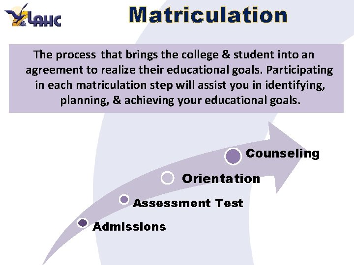 Matriculation The process that brings the college & student into an agreement to realize