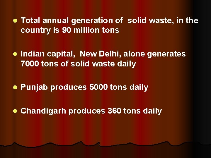 l Total annual generation of solid waste, in the country is 90 million tons