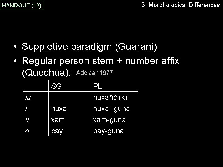 3. Morphological Differences HANDOUT (12) • Suppletive paradigm (Guaraní) • Regular person stem +