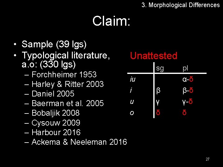 3. Morphological Differences Claim: • Sample (39 lgs) • Typological literature, a. o: (330