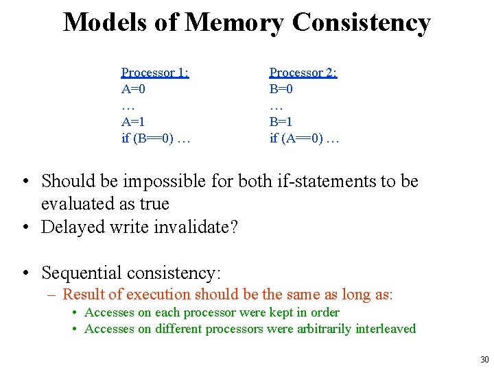 Models of Memory Consistency Processor 1: A=0 … A=1 if (B==0) … Processor 2: