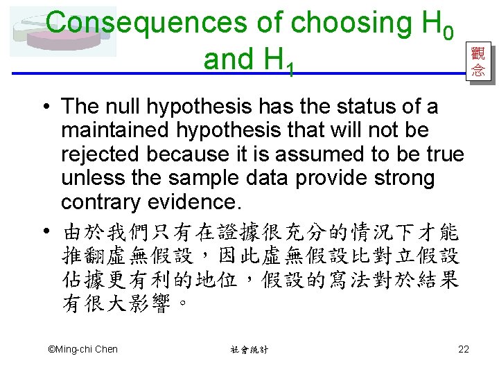 Consequences of choosing H 0 and H 1 觀 念 • The null hypothesis