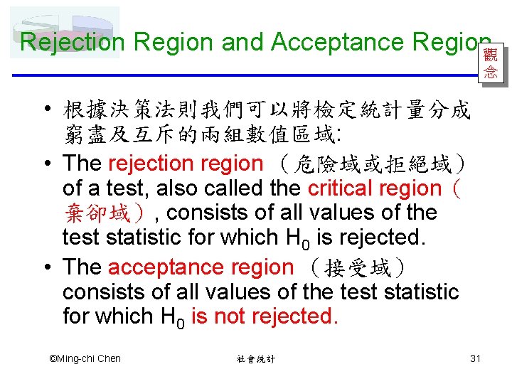 Rejection Region and Acceptance Region觀 念 • 根據決策法則我們可以將檢定統計量分成 窮盡及互斥的兩組數值區域: • The rejection region （危險域或拒絕域）