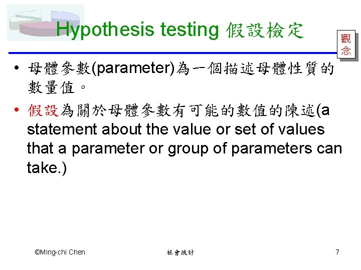 Hypothesis testing 假設檢定 觀 念 • 母體參數(parameter)為一個描述母體性質的 數量值。 • 假設為關於母體參數有可能的數值的陳述(a statement about the value