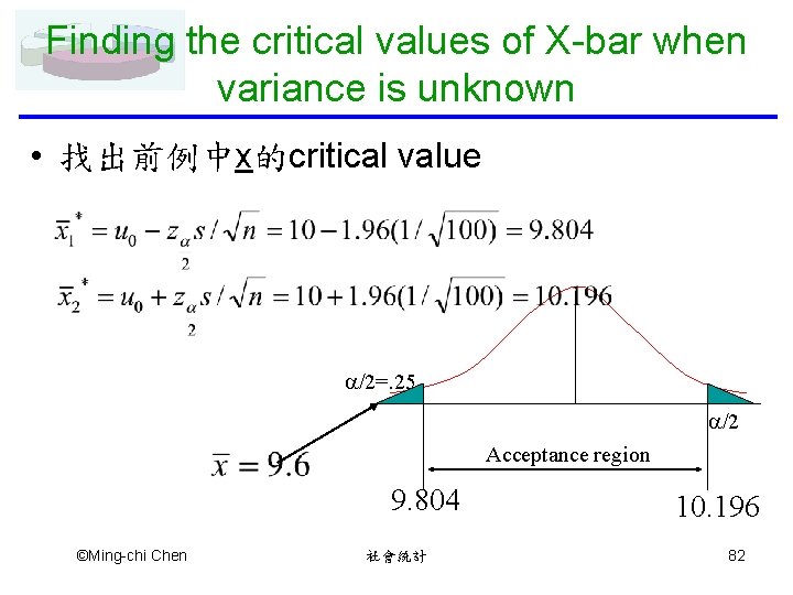 Finding the critical values of X-bar when variance is unknown • 找出前例中x的critical value /2=.