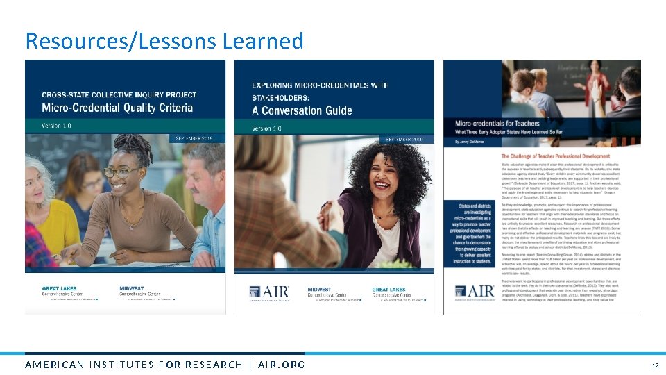 Resources/Lessons Learned AMERICAN INSTITUTES FOR RESEARCH | AIR. ORG 12 