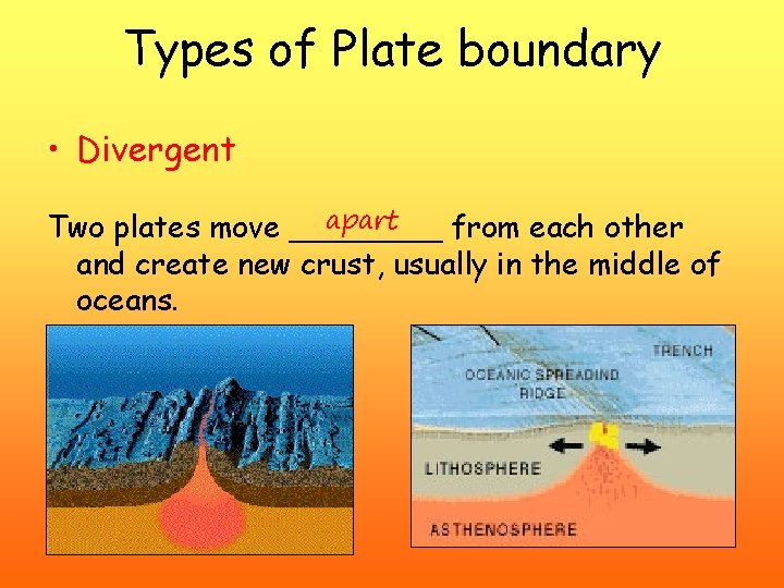 Types of Plate boundary • Divergent apart Two plates move ____ from each other