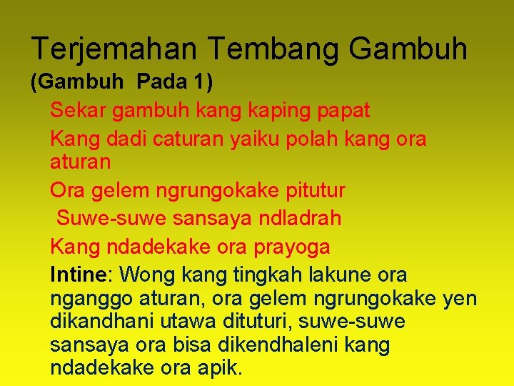 Terjemahan Tembang Gambuh (Gambuh Pada 1) Sekar gambuh kang kaping papat Kang dadi caturan Terjemahan Tembang Gambuh (Gambuh Pada 1) Sekar gambuh kang kaping papat Kang dadi caturan