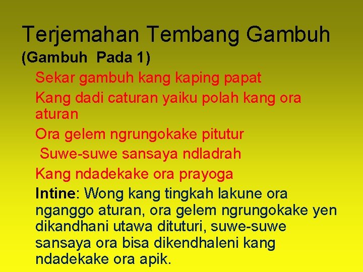 Terjemahan Tembang Gambuh (Gambuh Pada 1) Sekar gambuh kang kaping papat Kang dadi caturan