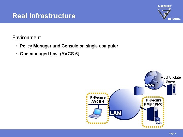Real Infrastructure Environment • Policy Manager and Console on single computer • One managed