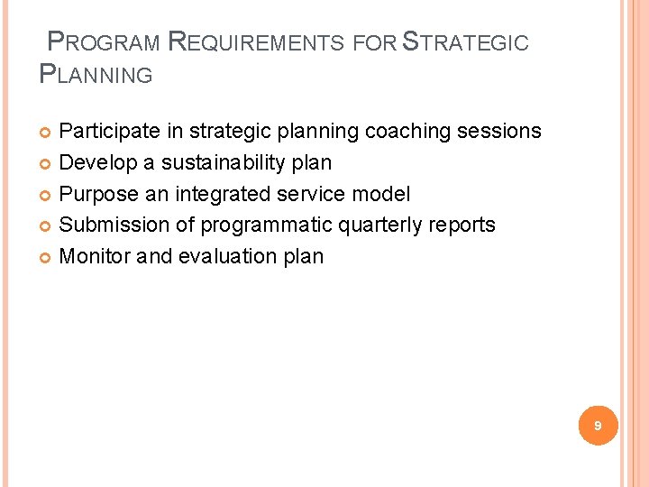 PROGRAM REQUIREMENTS FOR STRATEGIC PLANNING Participate in strategic planning coaching sessions Develop a sustainability