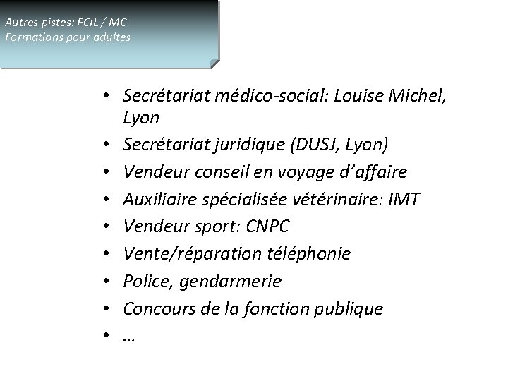 Autres pistes: FCIL / MC Formations pour adultes • Secrétariat médico-social: Louise Michel, Lyon