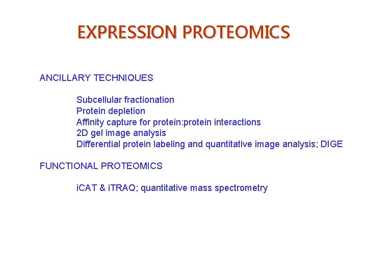 EXPRESSION PROTEOMICS ANCILLARY TECHNIQUES Subcellular fractionation Protein depletion Affinity capture for protein: protein interactions