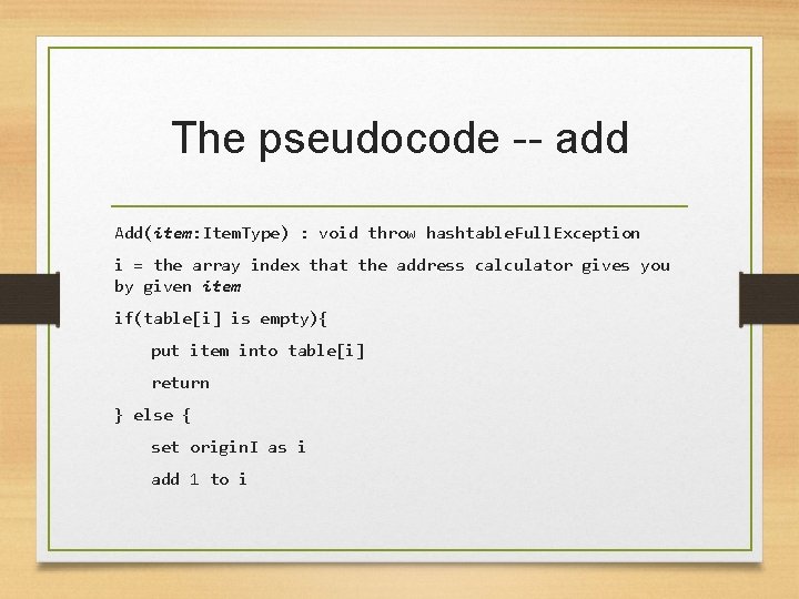 The pseudocode -- add Add(item: Item. Type) : void throw hashtable. Full. Exception i