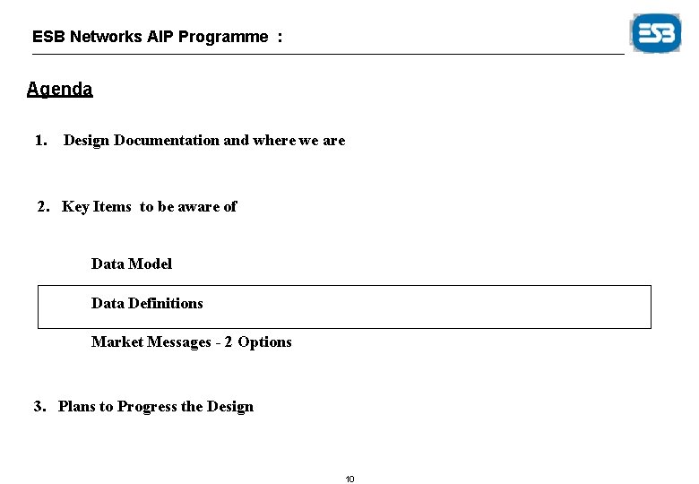 ESB Networks AIP Programme : Agenda 1. Design Documentation and where we are 2.